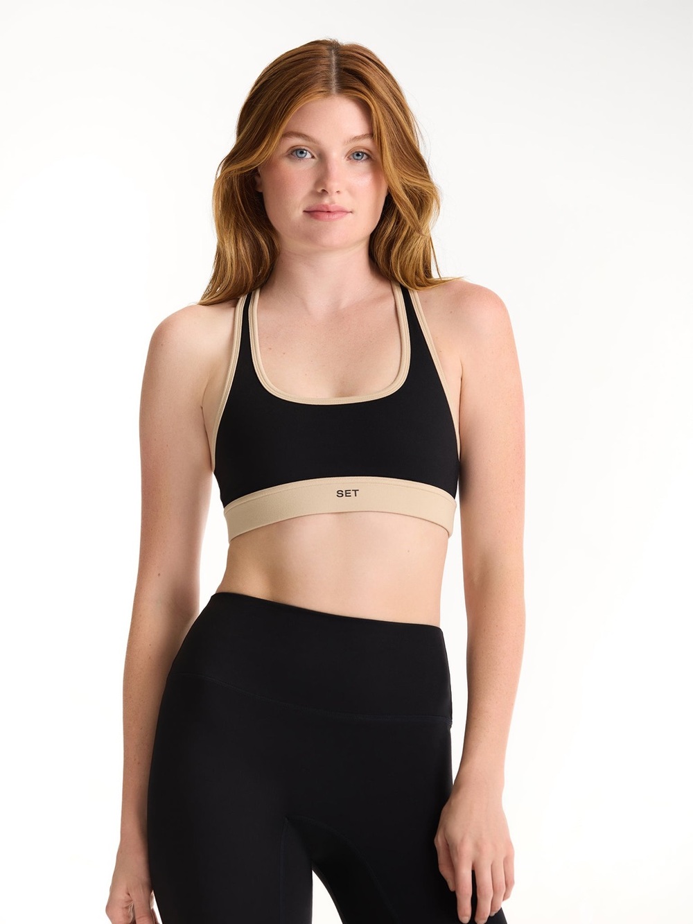 Set Active Two-Tone Black and Beige Sports Bra